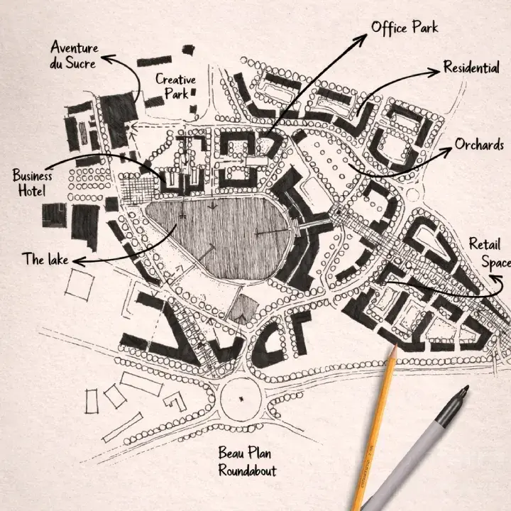 Hand-drawn master plan sketch of Beau Plan around the lake, labelling office park, residential, orchards, retail and business hotel