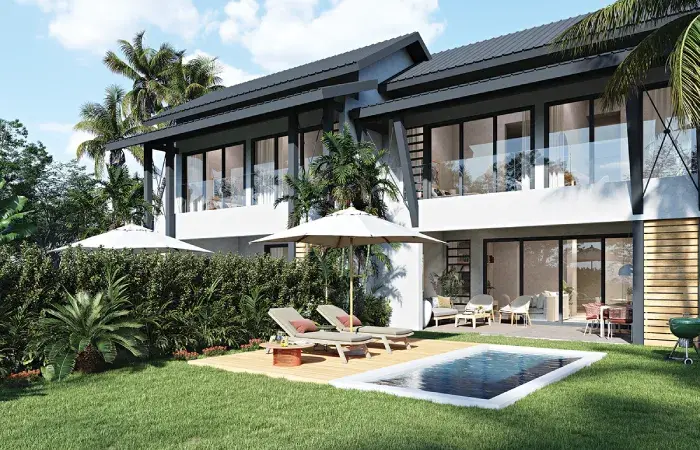 Rendering of two-storey Mango Village homes at Beau Plan with garden, plunge pool, sun loungers and parasols