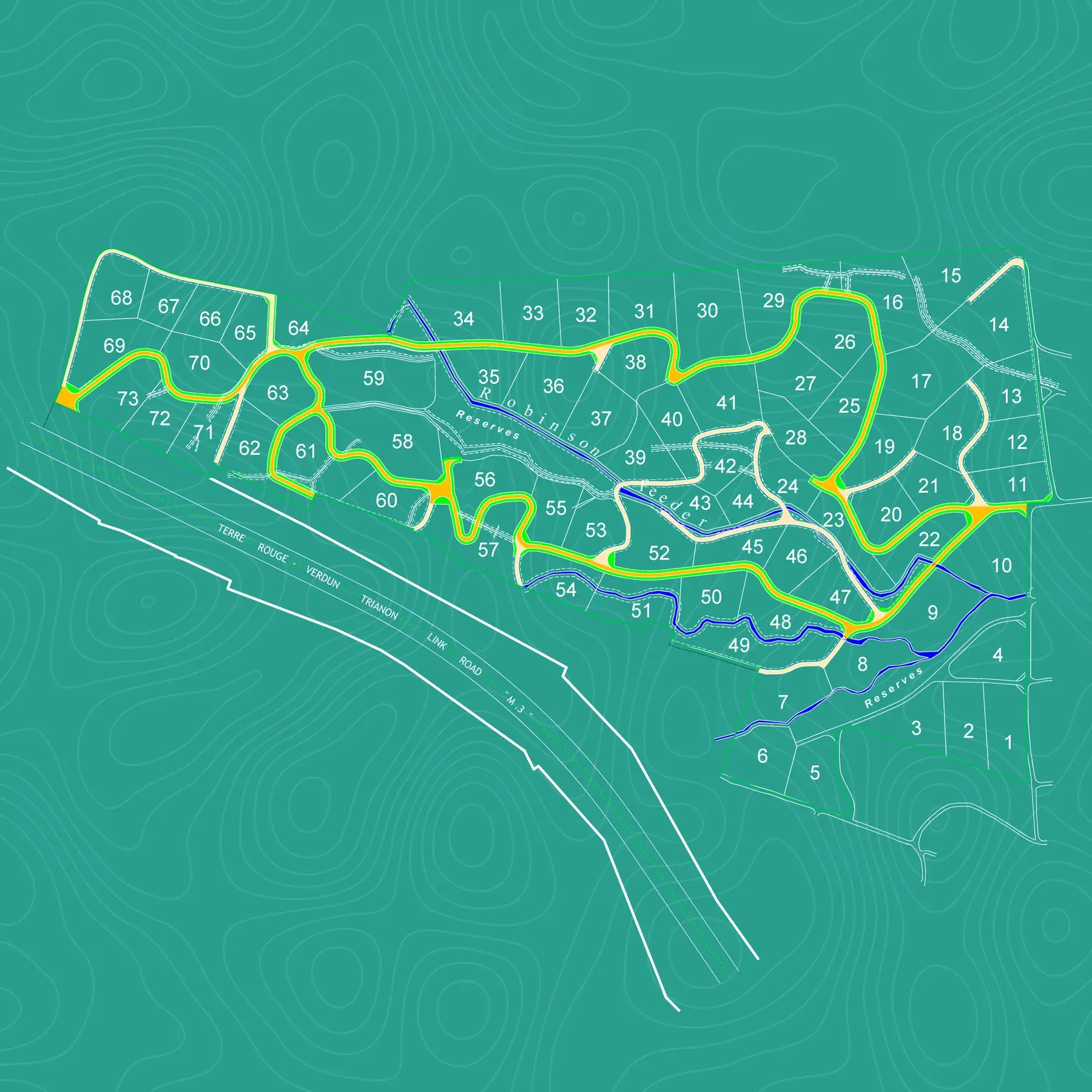 Lot plan of Domaine de Crève-Cœur showing 73 numbered agricultural lots, internal roads, Robinson Feeder and the M3 link road