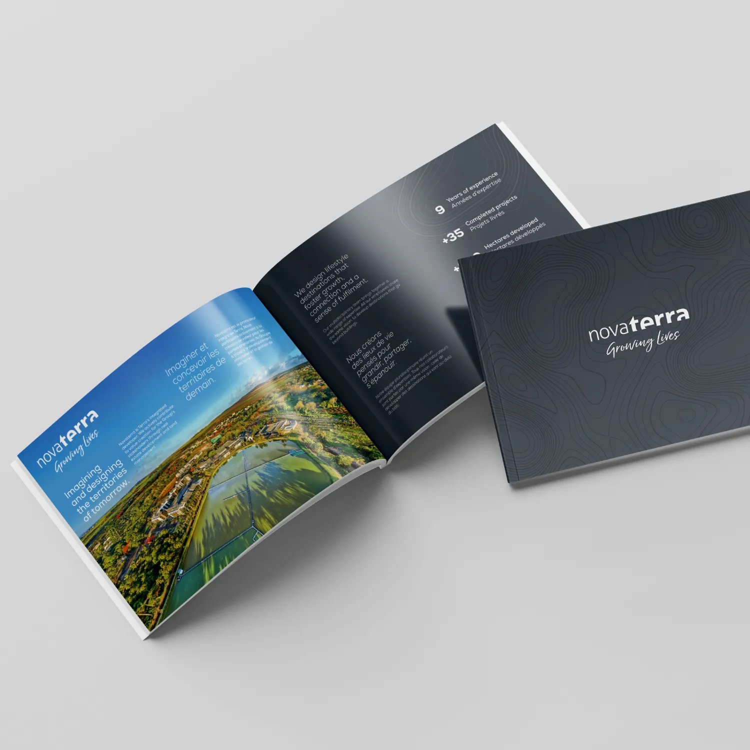 Novaterra brochure in its new Growing lives branding, open on an aerial view and key figures beside its dark cover