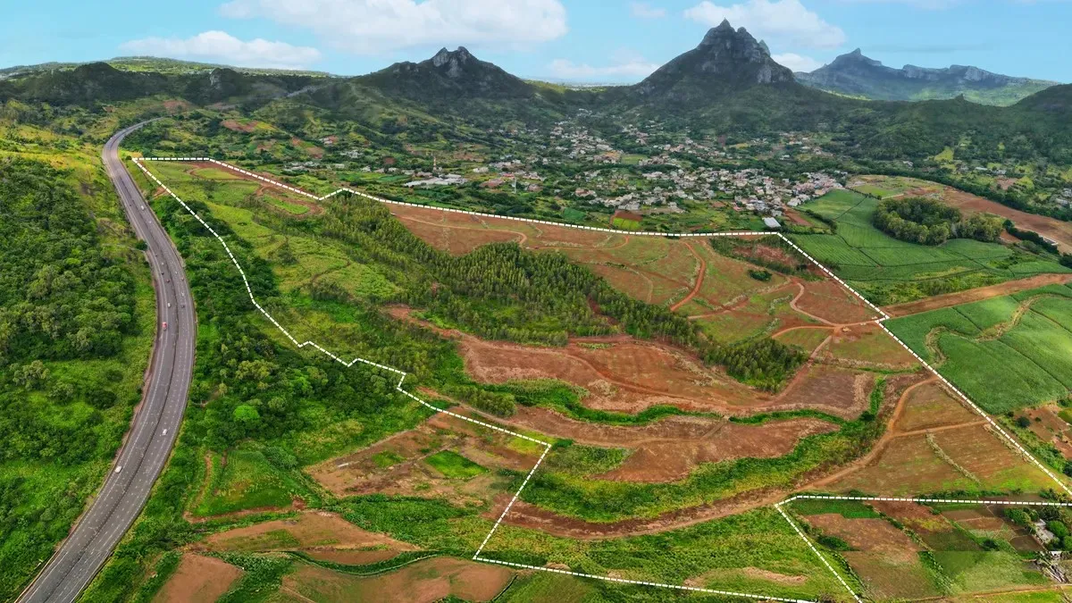 Aerial view of agricultural plots at Domaine de Crève-Cœur outlined in white beside a highway, with mountains and a village behind