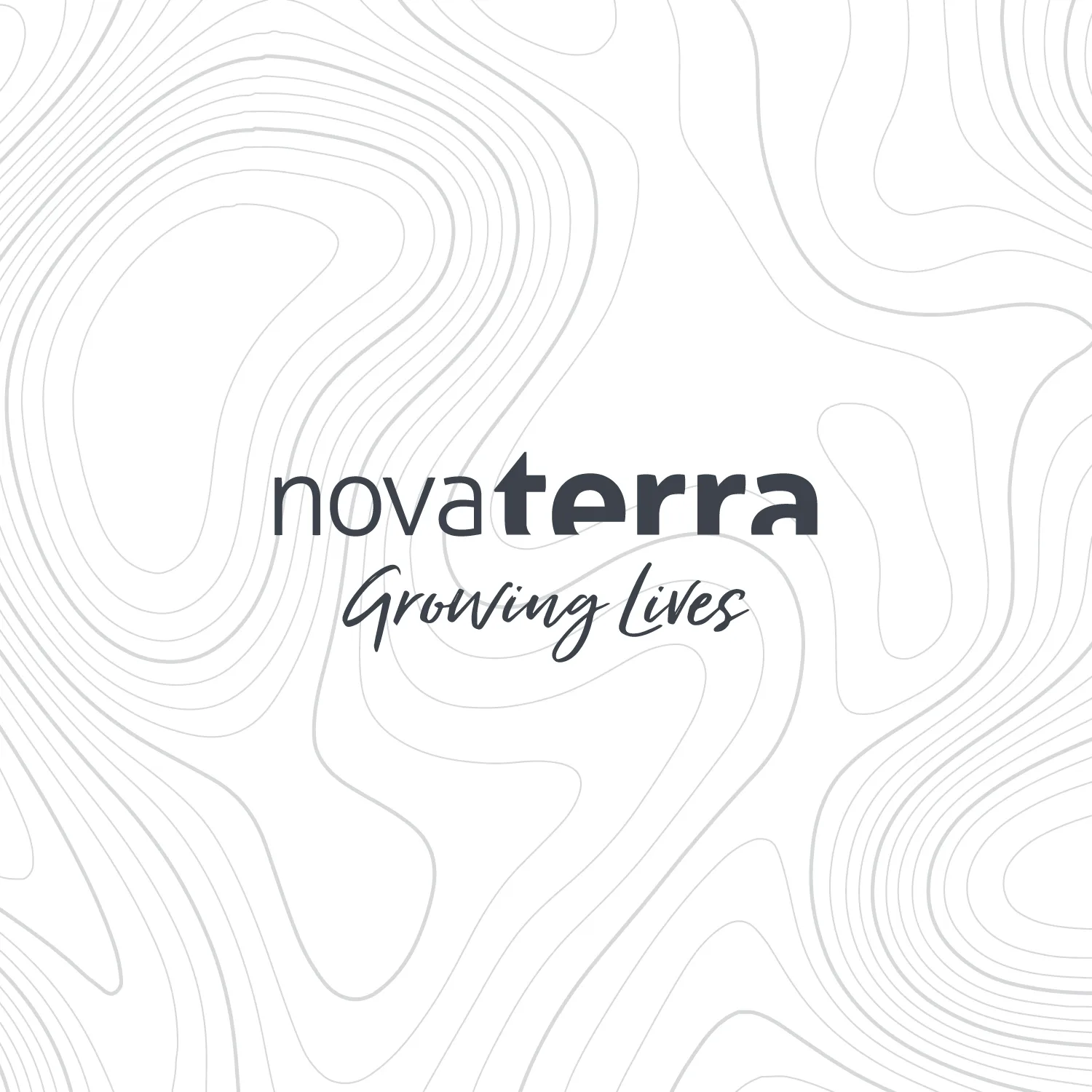New Novaterra logo with the tagline Growing Lives over a light grey topographic contour line background