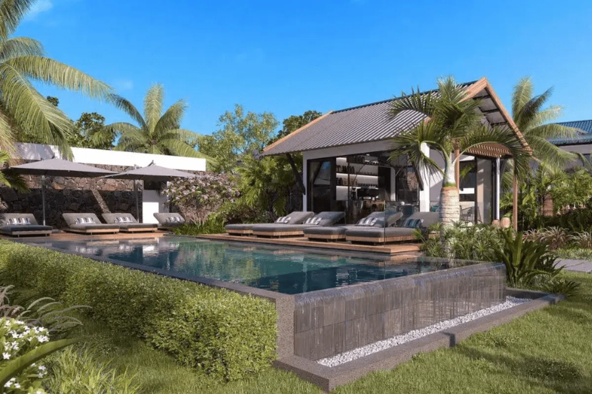 Rendering of a Mango Village residence at Beau Plan with an infinity pool, sun loungers, parasols and palm trees