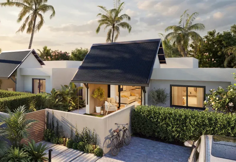 Rendering of a Mosaique retirement village cottage in Beau Plan with dark pitched roof, open lounge, hedges and palm trees