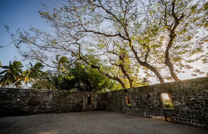 Restored basalt stone walls of a former sugar estate building at Mon Rocher, beneath century-old trees and palms