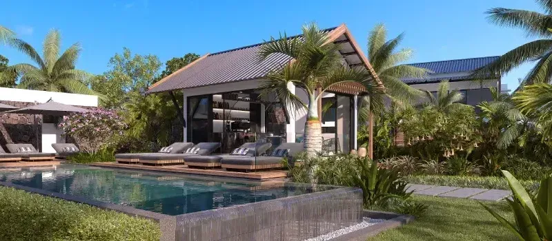 Rendering of the Mango Village Phase 3 shared swimming pool and pool house with loungers among palm trees in Beau Plan