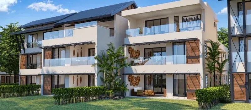Rendering of three-storey Mango Village apartment buildings in Beau Plan with glass balconies, wooden shutters and gardens
