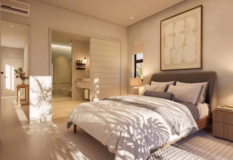Rendering of a Mosaique retirement village bedroom in Beau Plan with double bed, abstract artwork and en-suite bathroom