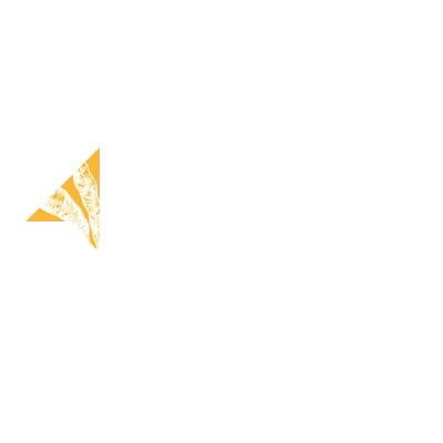 Mango Village logo, an orange triangular emblem with a white leaf pattern