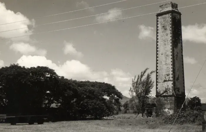 Archival black-and-white view of the old stone sugar mill chimney at Mon Rocher beside large trees and a grassy field
