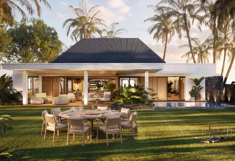 Rendering of a Mosaique retirement village cottage in Beau Plan with pool, lawn dining table and palm trees