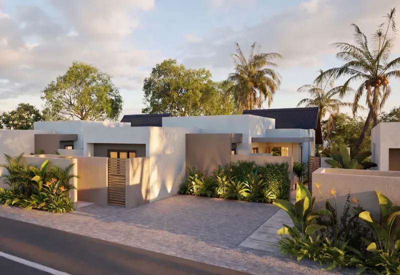 Rendering of single-storey white cottages at Mosaique retirement village in Beau Plan, with paved driveway and tropical plants
