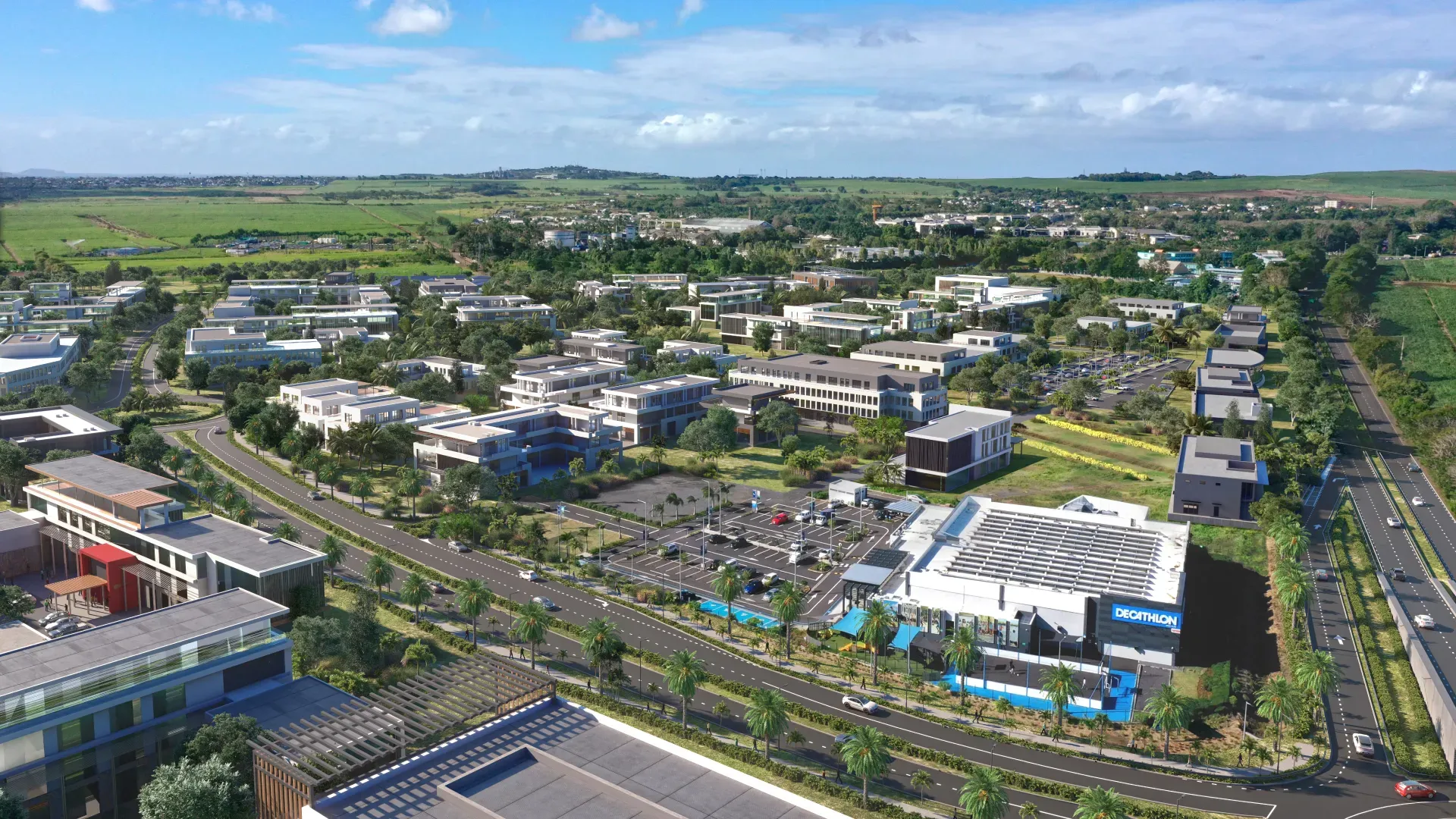 Aerial rendering of Beau Plan Business District with office buildings, a Decathlon store and palm-lined roads by the motorway