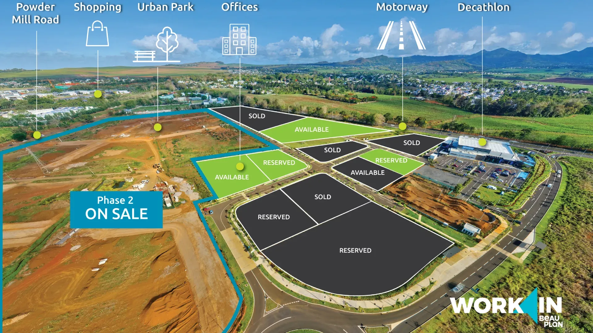 Aerial plan of Work In Beau Plan Business District plots marked sold, reserved or available, Phase 2 on sale near the motorway