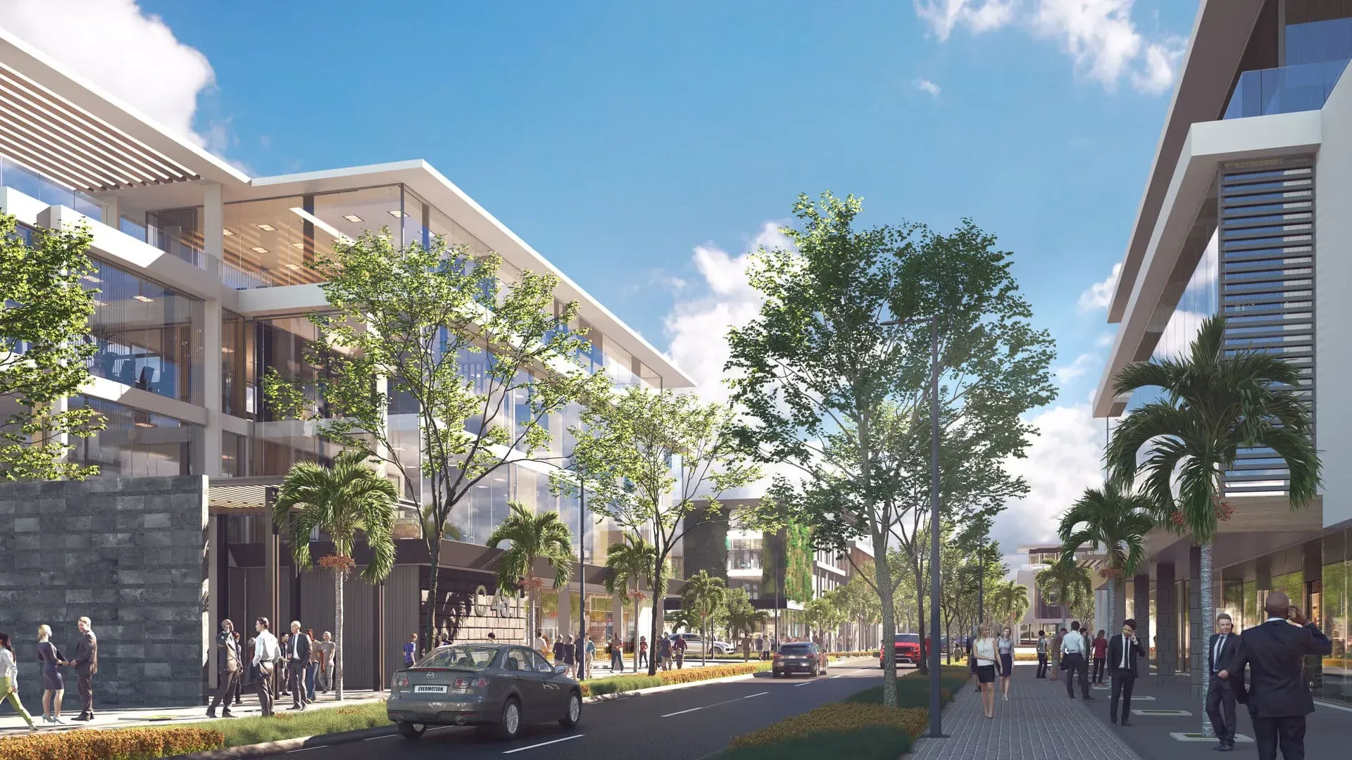 Rendering of the Beau Plan Business District with modern glass office buildings along a tree-lined avenue with pedestrians
